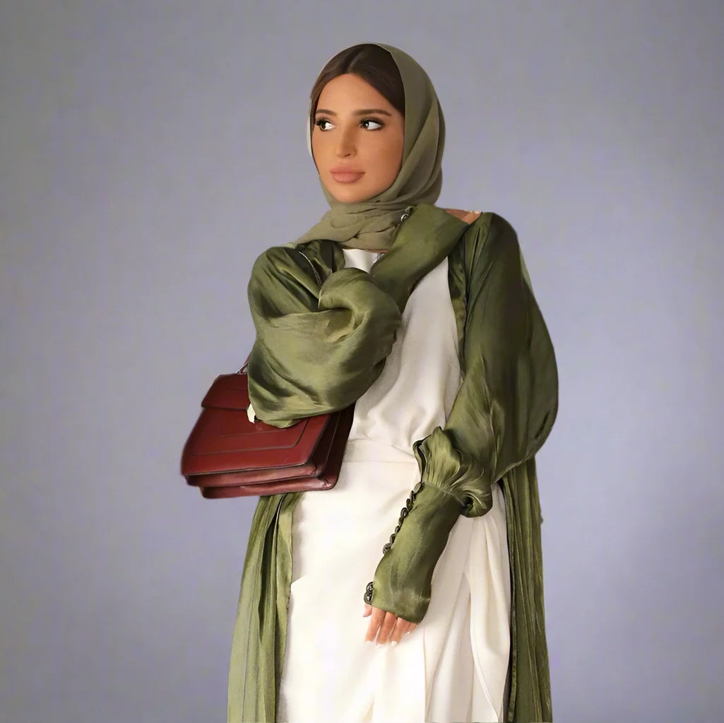 Army Green Muslim Women's Open Abaya Cardigan Dress with Mushroom Button Sleeves - Modest Fashion for Prayer, Home & Casual Wear