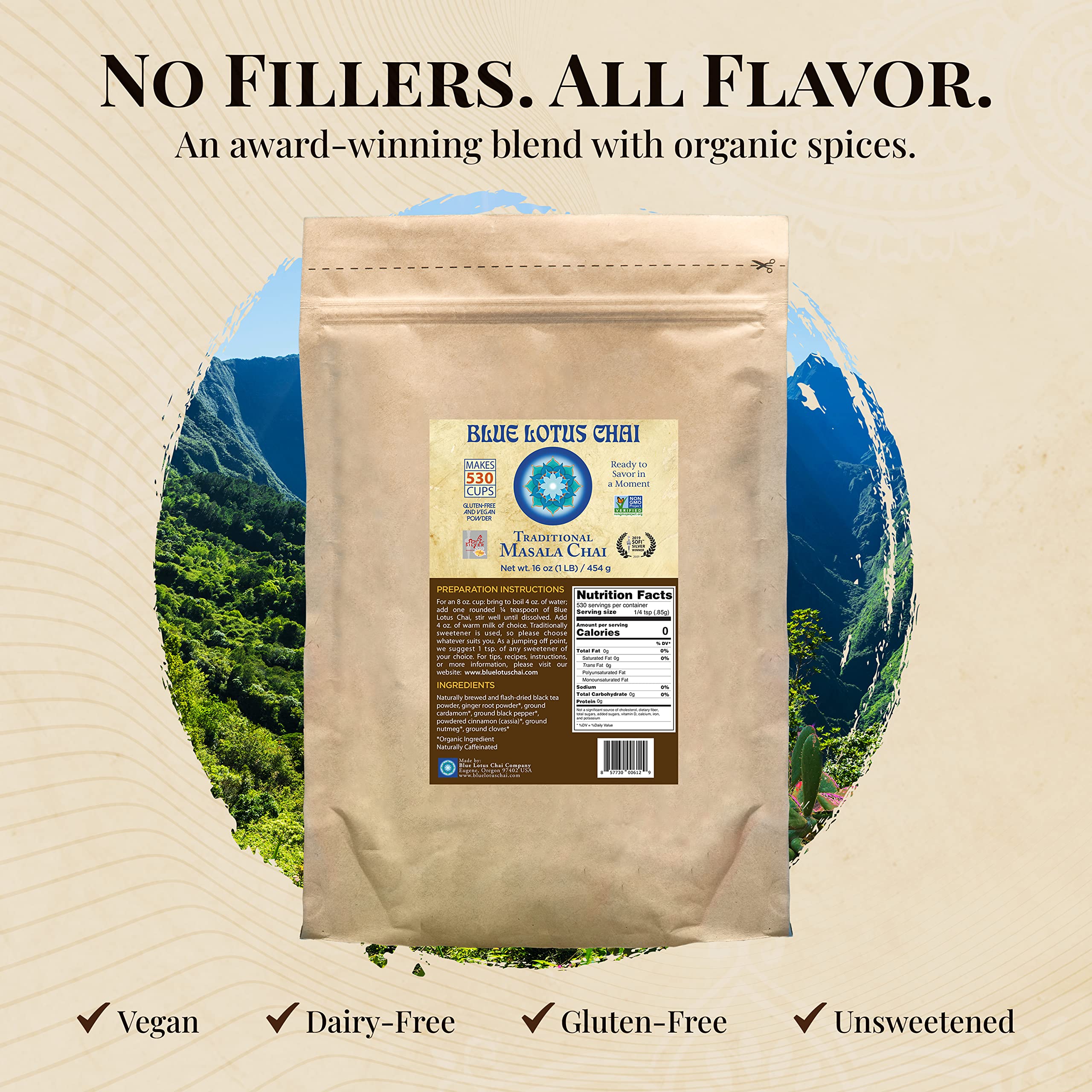 Blue Lotus Chai - Authentic Masala Chai Powder (1lb Bulk Bag) - Organic Spiced Indian Tea Mix - Makes 530 Cups - Instant, No Steeping, Gluten-Free - Perfect for Home, Office & Gifting