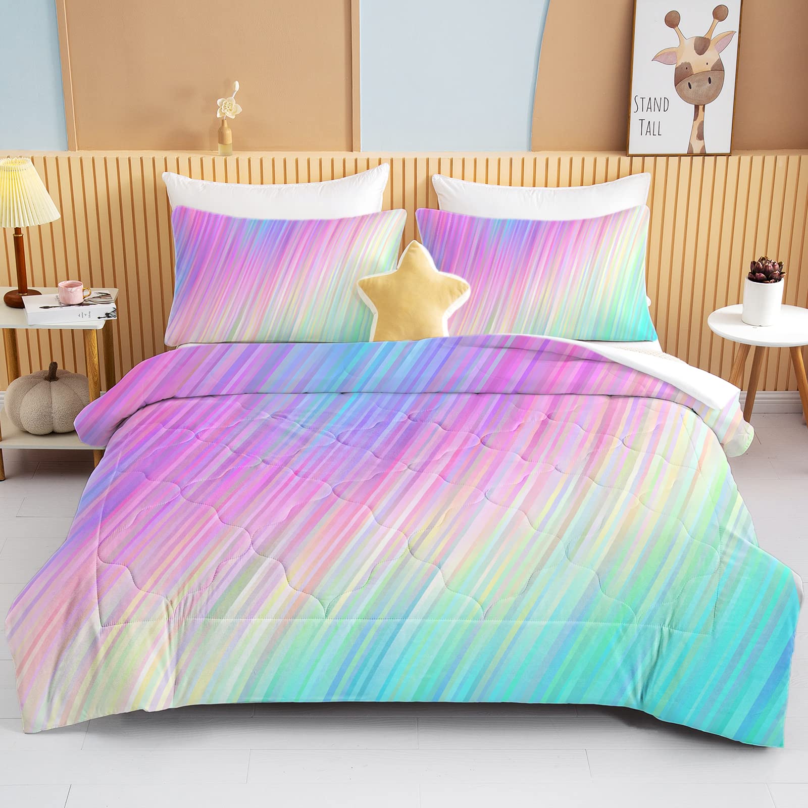 BEDMUST Girls Twin Comforter Set - Purple & Green Lightweight Cozy 3-Piece Bedding (1 Comforter + 2 Pillow Shams) for Kids' Room Decor & Sleepovers