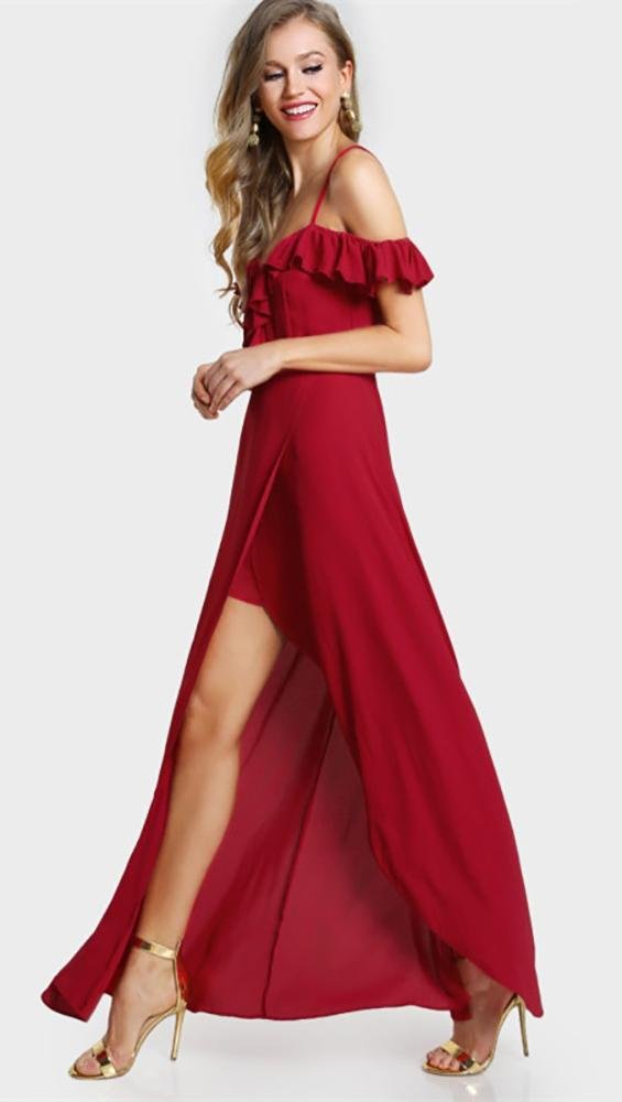 Gabriella Cold Shoulder Flutter Sleeve Wrap Maxi Dress - Women's Elegant Ruffle Plunge Evening Gown in Lipstick Red | Perfect for Weddings, Parties & Special Occasions
