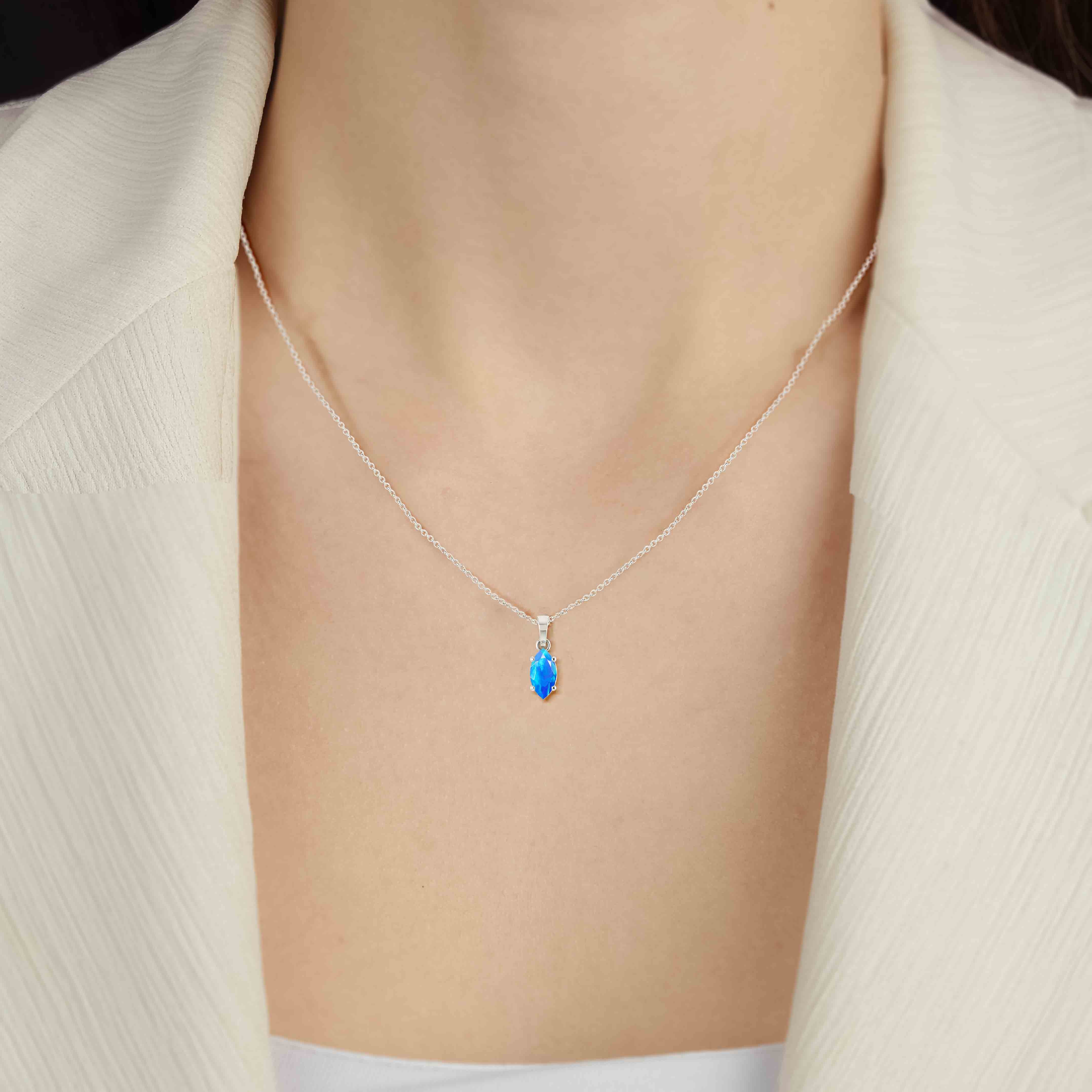 Natural Blue Opal Solitaire Pendant Necklace for Women - 925 Sterling Silver Chain Jewelry - Perfect for Weddings, Anniversaries & Special Occasions