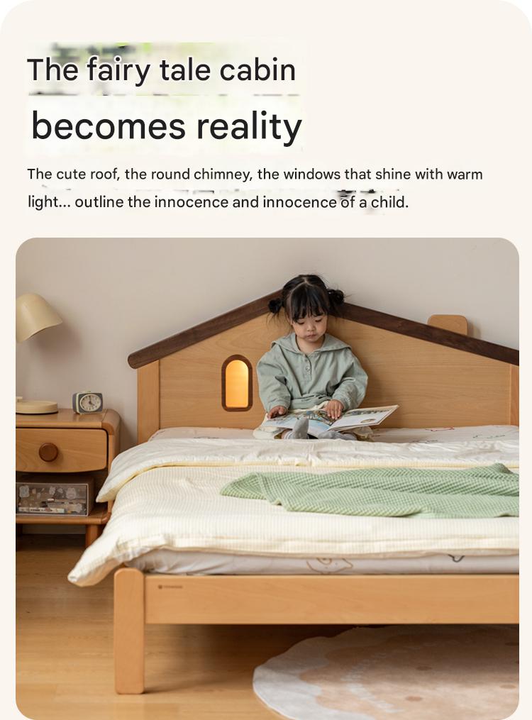 Kids Wooden Bed with Night Light - Beech & Poplar Little House Design with 15-Minute Auto Light Off - Perfect for Bedrooms, Playrooms & Cozy Sleep Spaces
