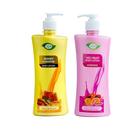 Meghdoot Ayurvedic Body Lotion Combo Pack - 1000ml (Honey Almond & Mixed Fruit) for Soft, Glowing Skin | All Skin Types | Pack of 2 | Daily Moisturizer for Dry & Sensitive Skin | Perfect for Home, Office & Travel Use