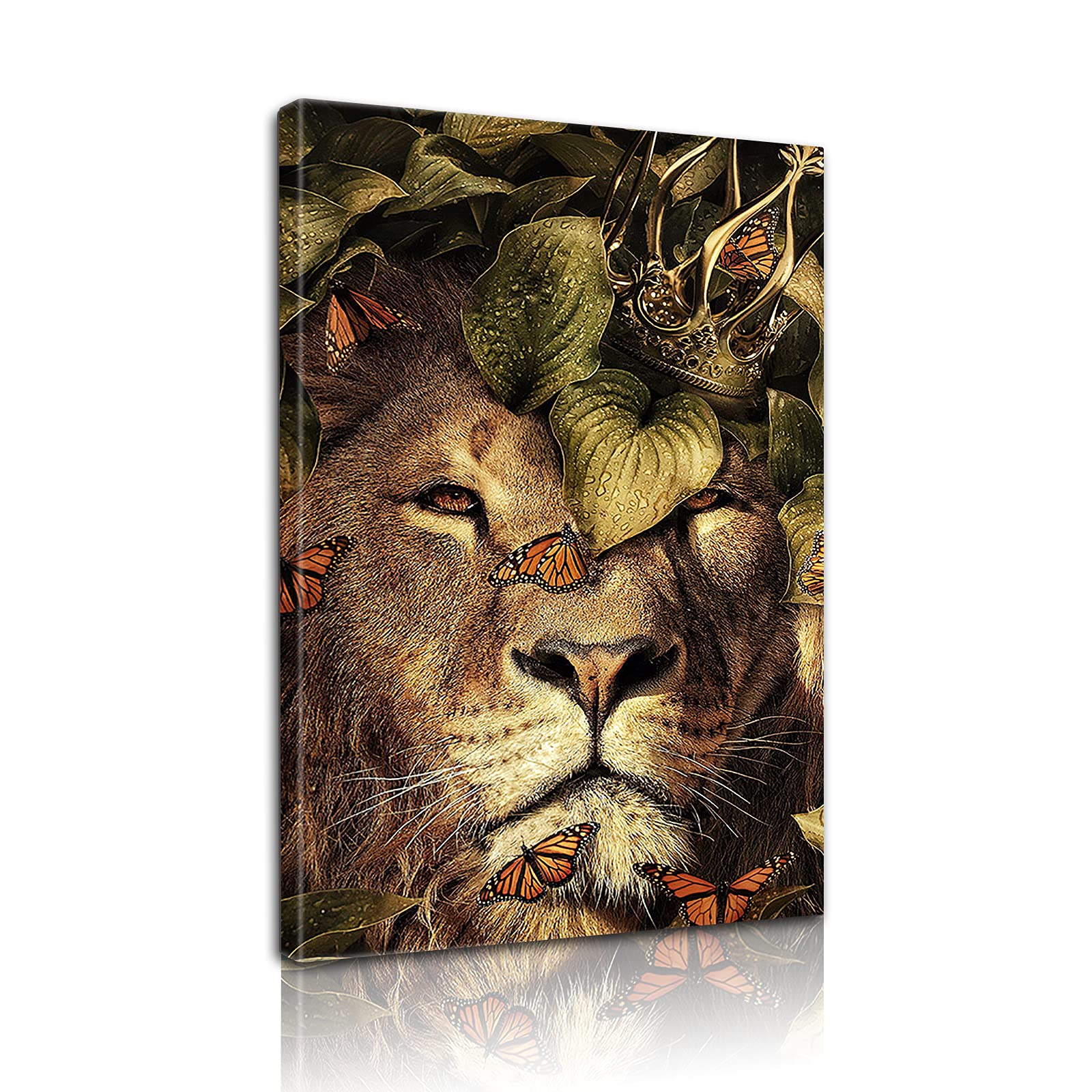Bodrect Lion Wall Art Canvas Print - Crown, Leaves & Butterflies Animal Painting for Living Room & Bedroom Decor | Framed Lion Wall Art for Home, Office & Nursery Decorations