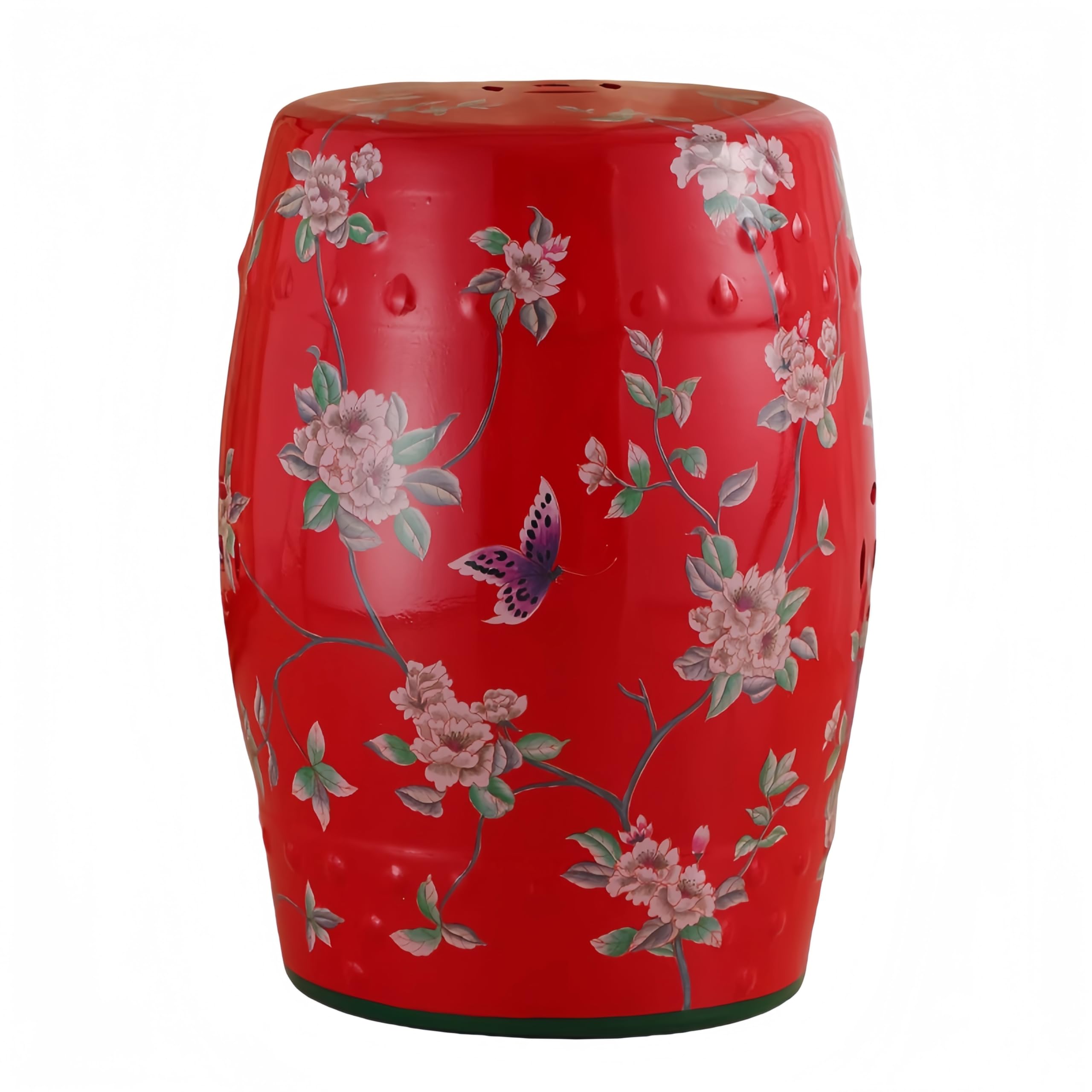 Ceramic Drum Garden Stool with Floral Butterfly Design - Classic Cottage Style Outdoor & Indoor Decor for Living Room, Bathroom, Balcony, Patio (Red) - Perfect for Relaxing in Gardens or as Charming Home Accent