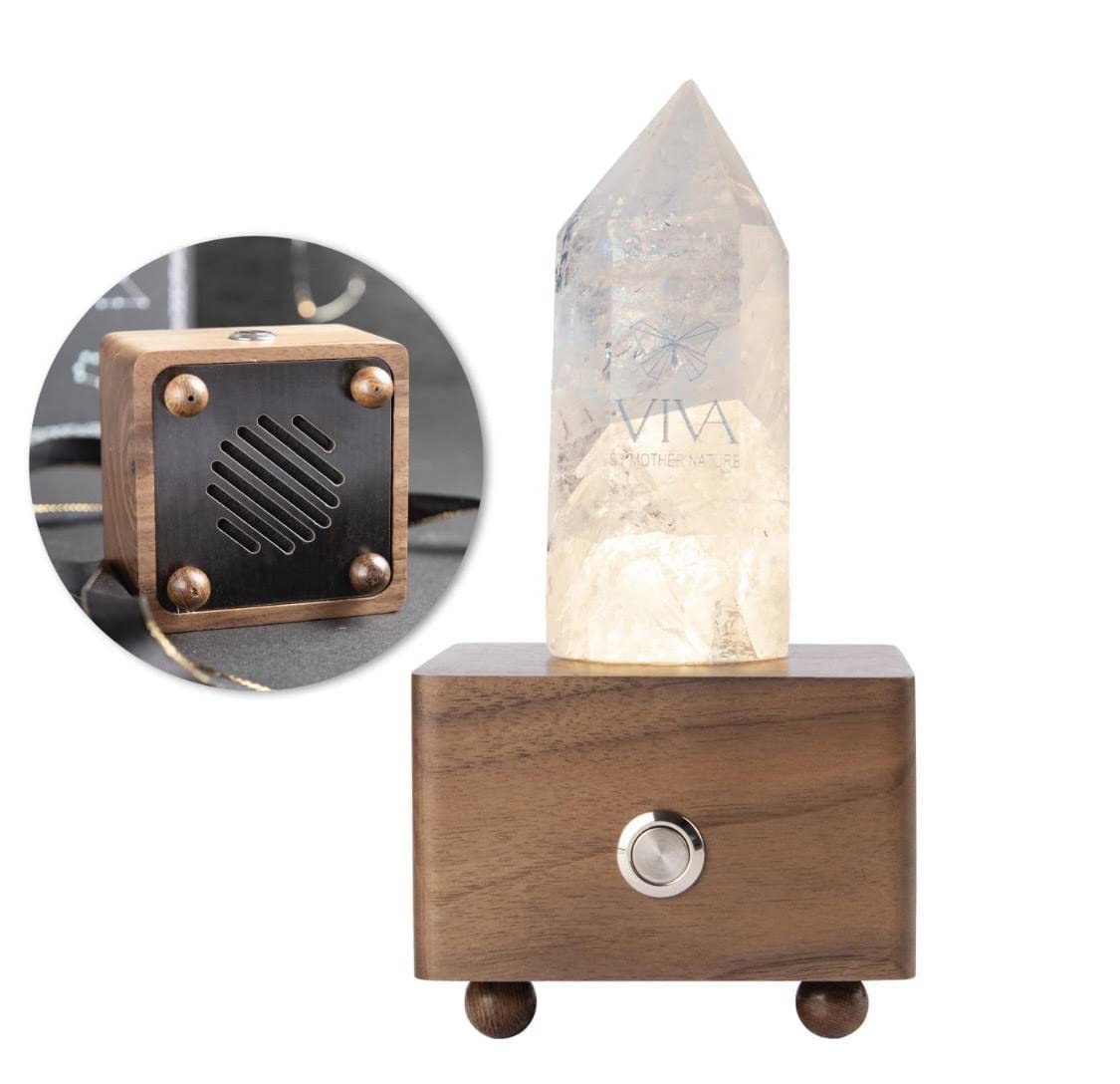 Piezoelectric Night Light with Natural Healing Crystal Quartz Point - Meditation, Manifestation, Bluetooth Speaker & Crystal Decor - Unique Dimmable Lamp for Bedroom, Yoga, and Relaxation