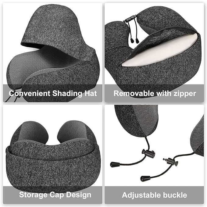 Memory Foam Travel Neck Pillow with Hood for Adults - Comfortable Airplane, Car & Train Neck Support - Perfect for Long Flights, Road Trips & Commuting