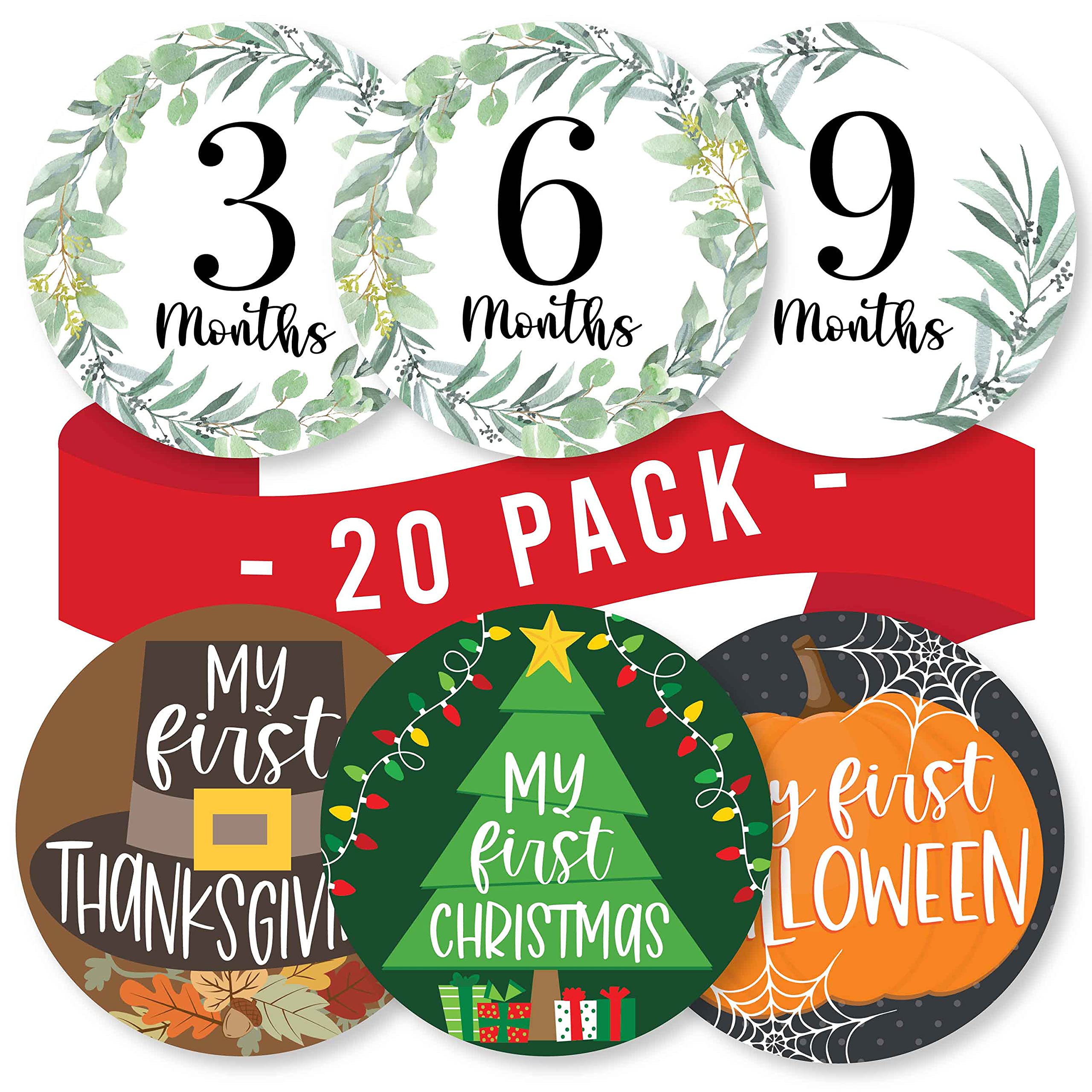 Hadley Designs 20 Pack Greenery Baby Monthly Milestone Stickers - Newborn Photo Props for First Year Memories | Perfect for Baby Shower Gifts, Monthly Photos, and Scrapbooking