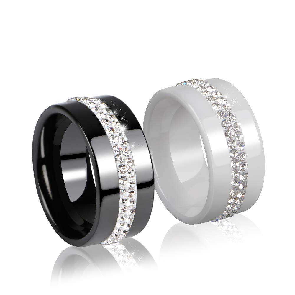10MM Wide Two Row Crystal Women's Rings - Smooth Black & White Ceramic Wedding Bands, Fashion Jewelry for Brides, Engagement, Anniversary & Everyday Wear