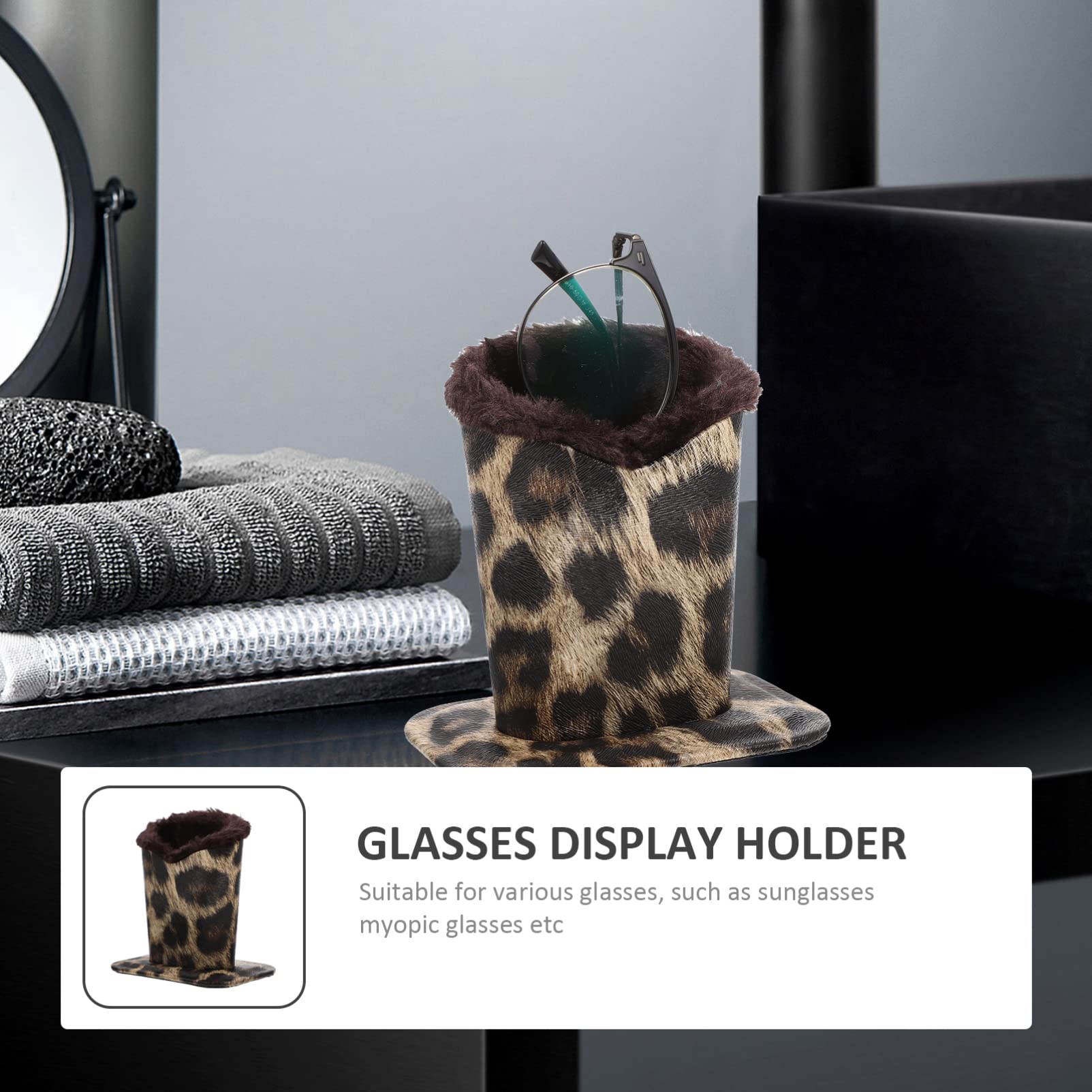 Beavorty Plush Lined Eyeglasses Holder - Leather Soft Sunglasses Case Stand with Anti-Scratch Protection | Desk Organizer for Glasses, Pens & Accessories | Perfect for Office, Nightstand & Travel (Leopard Print)