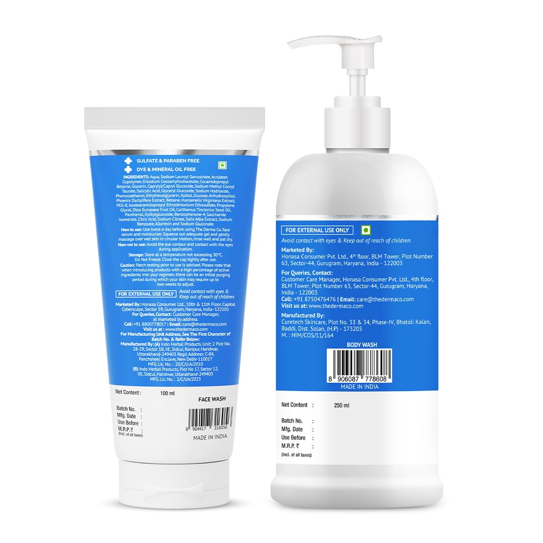 The Derma Co. Anti-Acne Face & Body Wash Combo - 2% Salicylic Acid Face Cleanser (100ml) + 1% Salicylic Acid Exfoliating Body Wash with Glycolic Acid & Pentavitin (250ml) | Fights Breakouts, Deep Cleans & Smooths Skin | Perfect for Daily Acne Treatment & Body Exfoliation