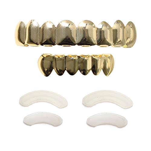 24K Gold Plated Hip Hop Grillz - 8 Teeth Top & Bottom Set for Men | Luxury Bling Dental Jewelry | Perfect for Rappers, Performers & Special Occasions