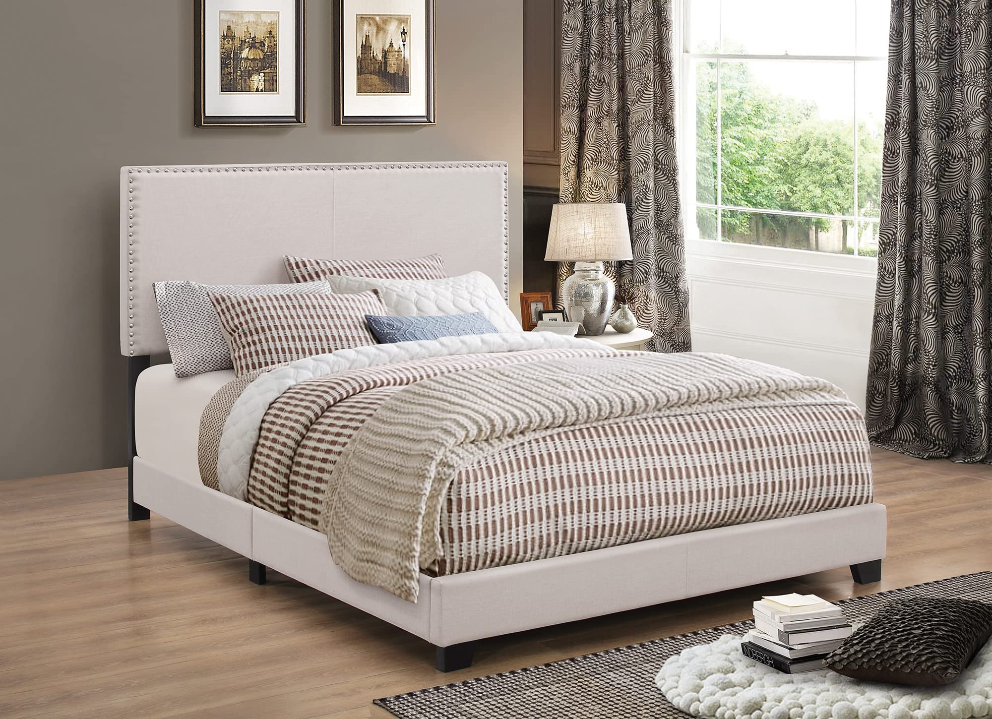 Benjara Fabric Upholstered Queen Size Platform Bed with Nail Head Trim in Ivory - Elegant Upholstered Bed Frame for Master Bedroom, Guest Room & Luxury Home Decor
