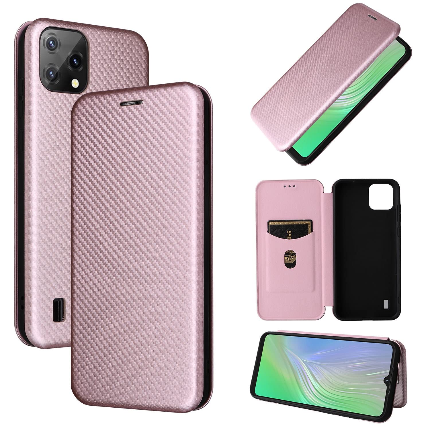 Luxury Carbon Fiber PU+TPU Hybrid Flip Wallet Case for Blackview A55 - Shockproof Full Protection Phone Cover (Pink) | Perfect for Business, Travel & Everyday Use