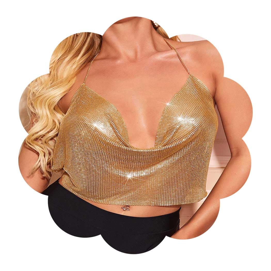 Boho Sequins Body Chain Bra Bikini Top - Shimmer Backless Halter Crop Top for Women | Beach Party, Music Festival, Poolside Accessory, Body Jewelry for Summer Vacations