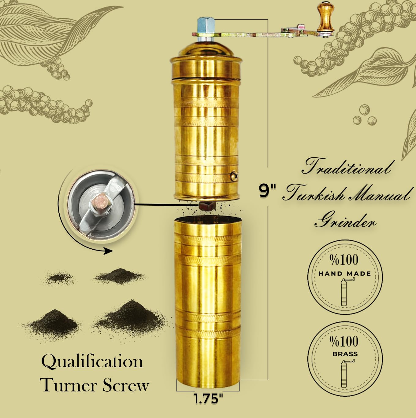 Premium Handmade 9 Inch Brass Manual Coffee Grinder & Pepper Mill - Adjustable Coarse to Fine Grind for Fresh Coffee Beans & Peppercorns - Turkish Style with Ergonomic Handle & Refillable Design - Perfect for Home Brewing, Camping & Gourmet Cooking