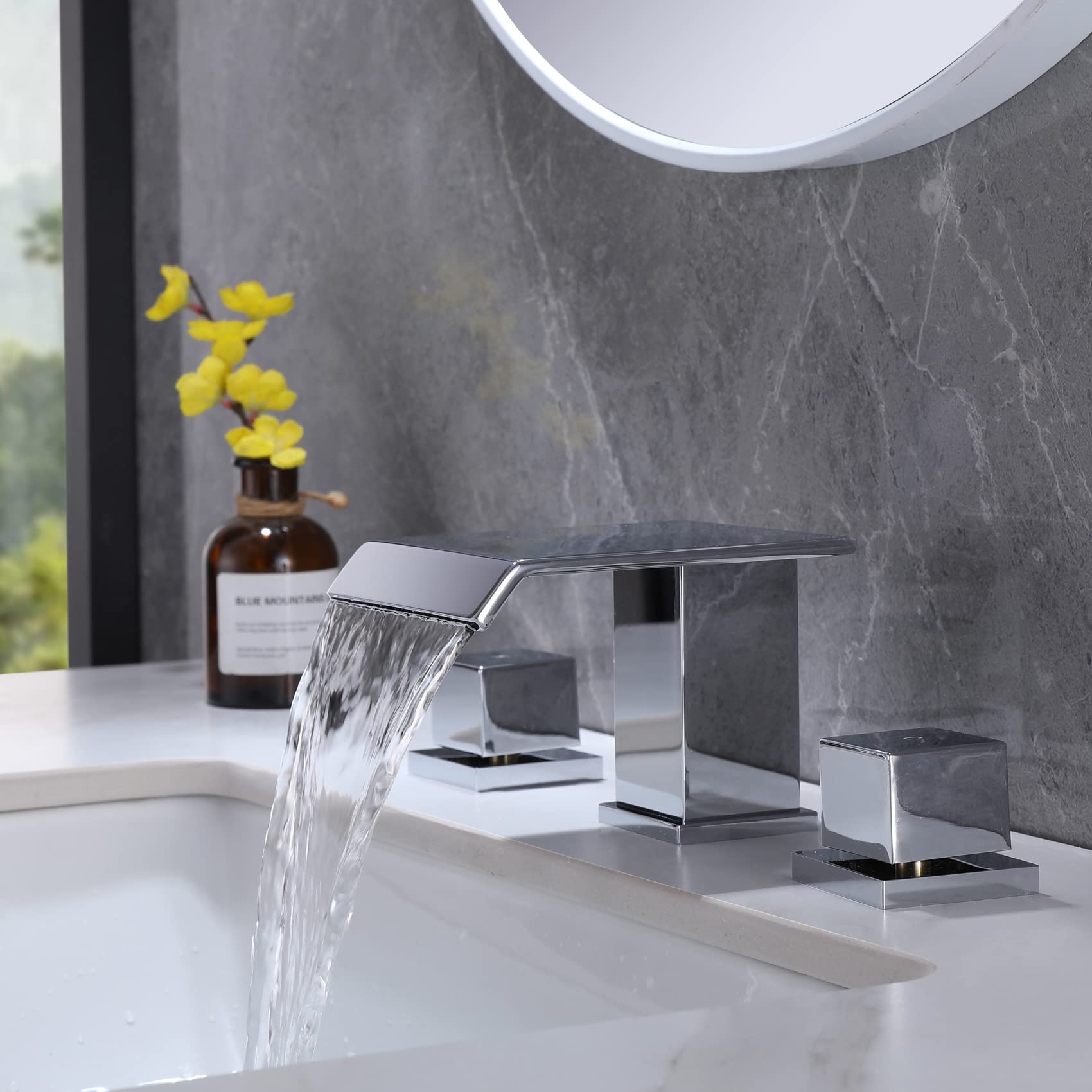 TapLong Solid Brass Modern Waterfall Bathroom Faucet - 3 Hole Deck Mount with 2 Square Handles, Chrome Finish for Bathroom Sink - Perfect for Contemporary Vanities and Spa-Inspired Bathrooms