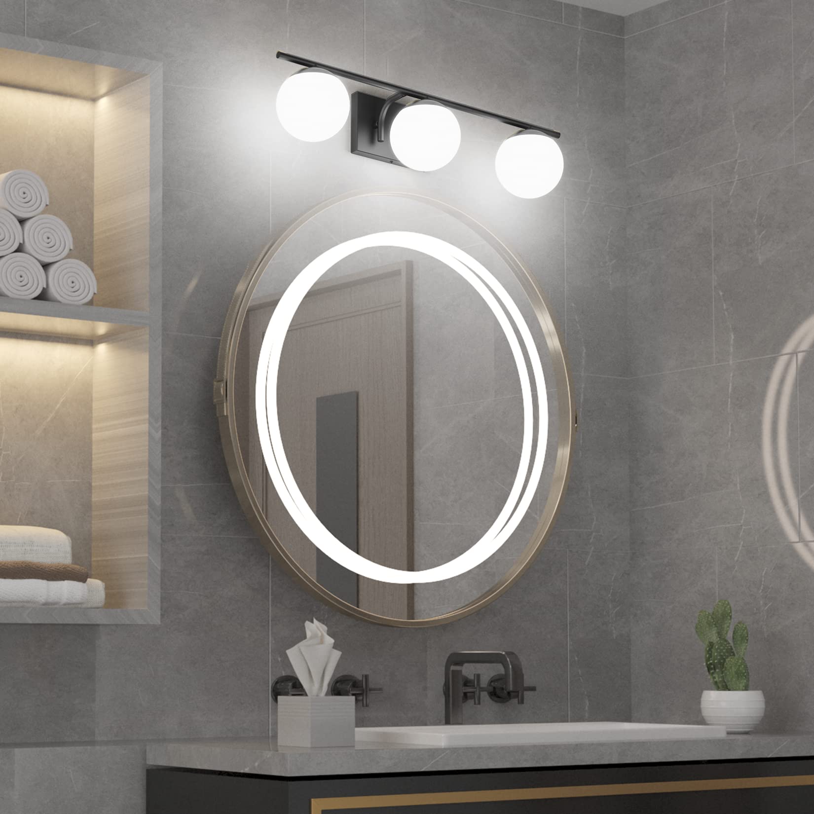 Ralbay Matte Black Bathroom Vanity Light Fixture - 3-Light Mid Century Modern Wall Sconce with Milky Glass Shades for Bathroom, Powder Room & Dressing Room Lighting