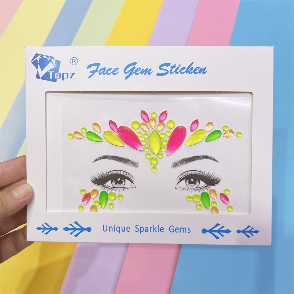 Topz Neon Face Jewels & Body Gems - Rainbow Crystal Rhinestone Stickers for Christmas Makeup, Festival Glitter & Temporary Tattoos | Perfect for Raves, Concerts, Halloween & Costume Parties