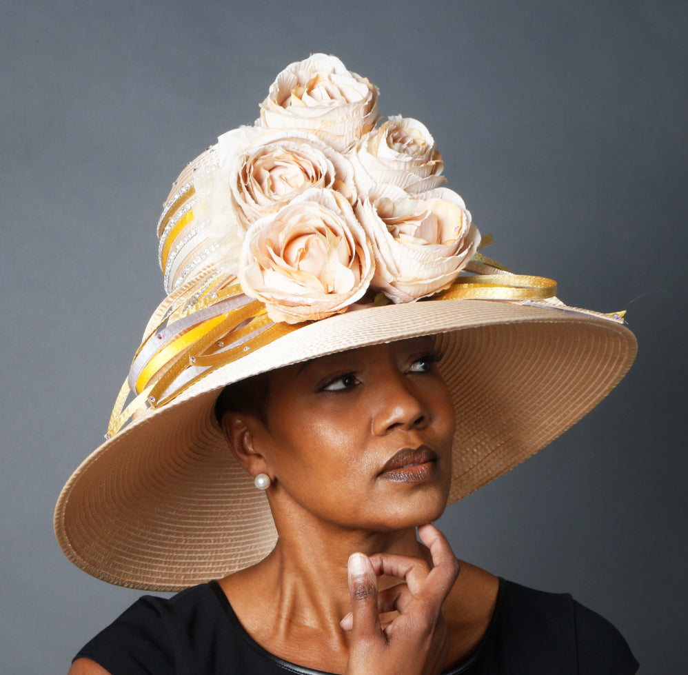 OE0023 Women's Tan Satin Ribbon Dress Hat - Elegant Church Wedding & Tea Party Accessory