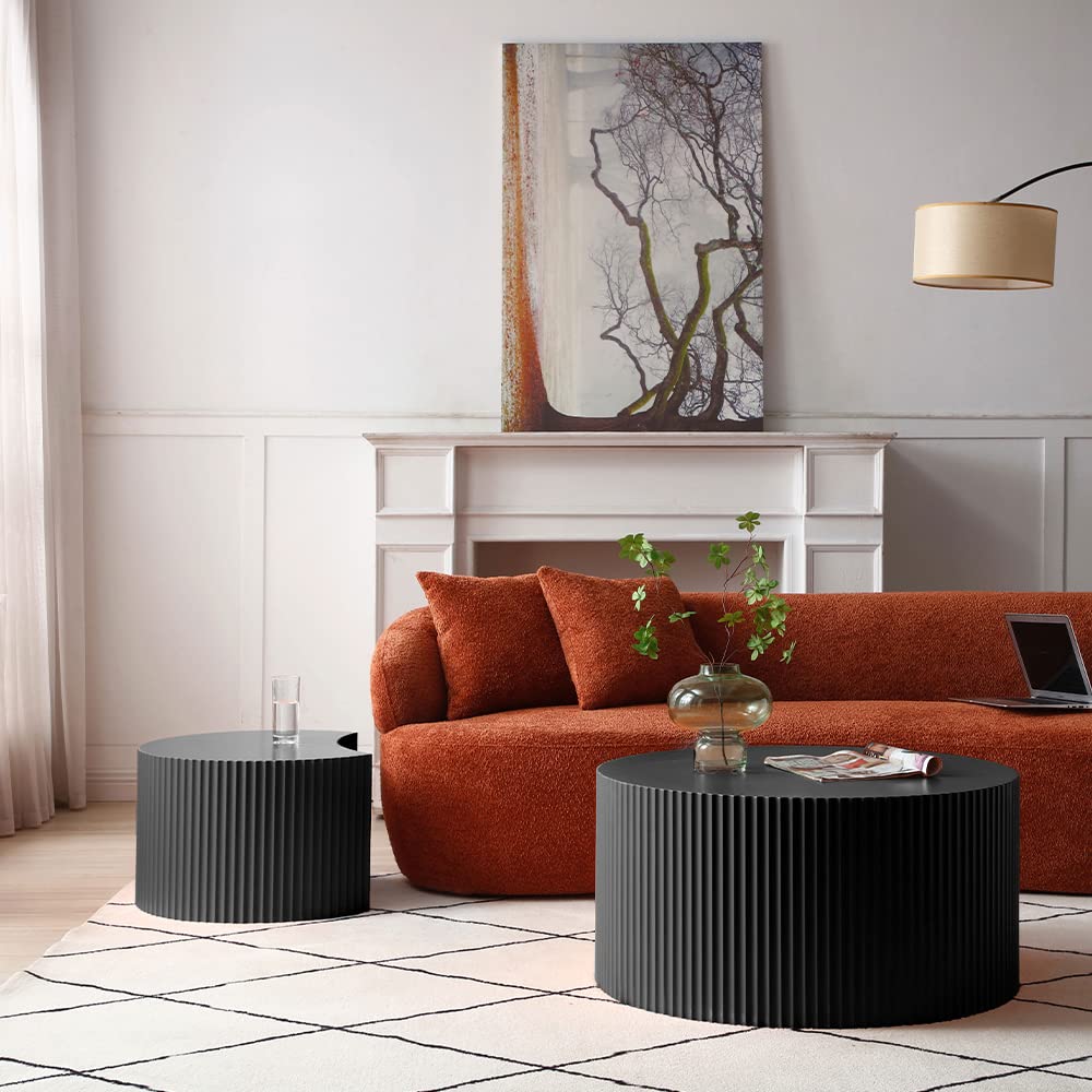 Modern Round Nesting Coffee Table Set of 2 - Wooden Drum Side & End Tables for Living Room - Black - Perfect for Small Spaces, Home Decor & Coffee Table Styling