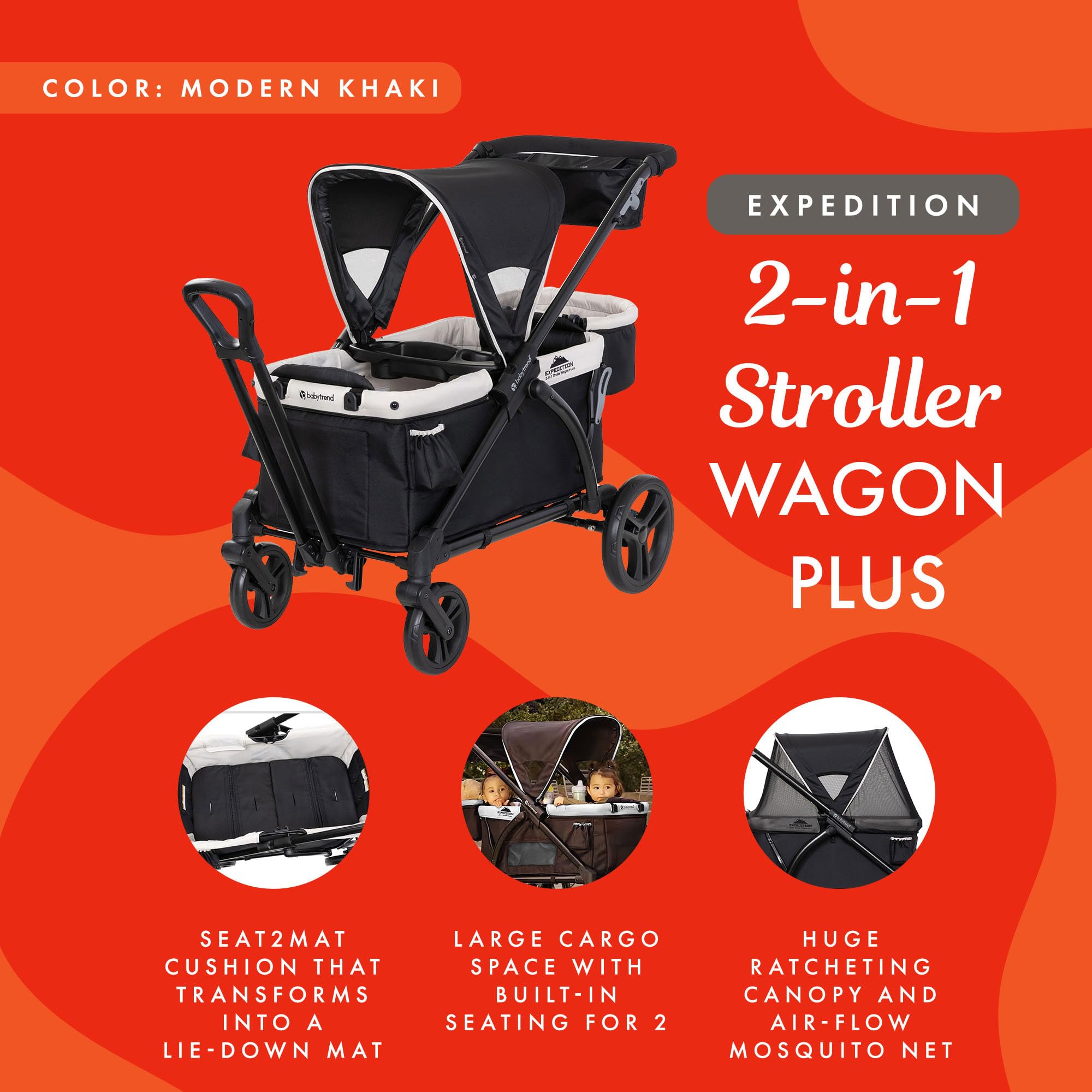 Baby Trend Expedition 2-in-1 Collapsible Stroller Wagon with Canopy & Storage | Foldable Wagon for Kids | Includes Storage Basket, 2 Trays & 6 Bottle Holders | Perfect for Park Outings, Beach Trips & Family Adventures (Modern Khaki)