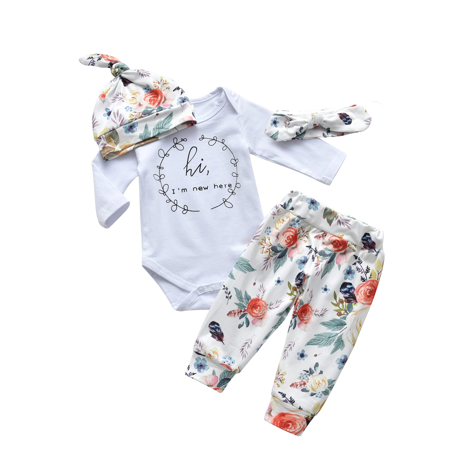 4Pcs Newborn Baby Girl Outfit Set - Long Sleeve Romper, Floral Pants & Headband | Soft Cotton Infant Clothes for Photo Shoots, Family Gatherings & Special Occasions