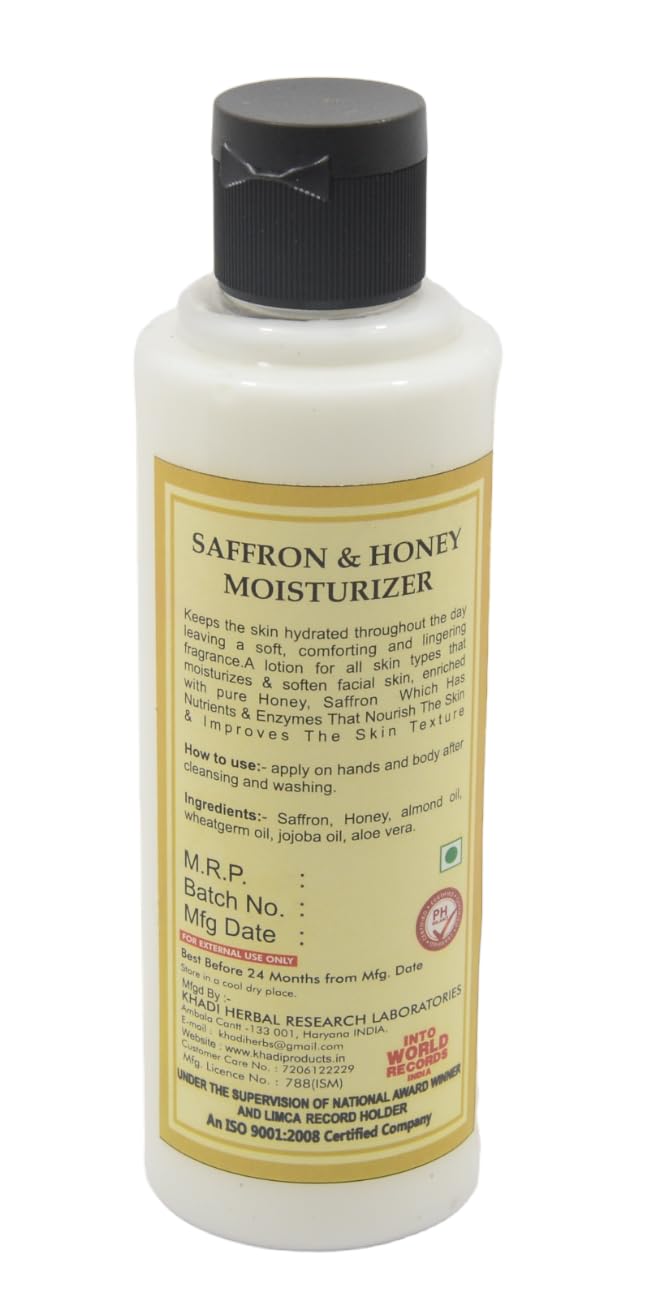 Khadi Natural Herbal Saffron Honey Face & Body Lotion 210ml - Organic Moisturizing Cream for Dry, Sensitive Skin | Hydrating & Brightening Treatment for Glowing Complexion | Perfect for Daily Skincare Routine & Spa Days