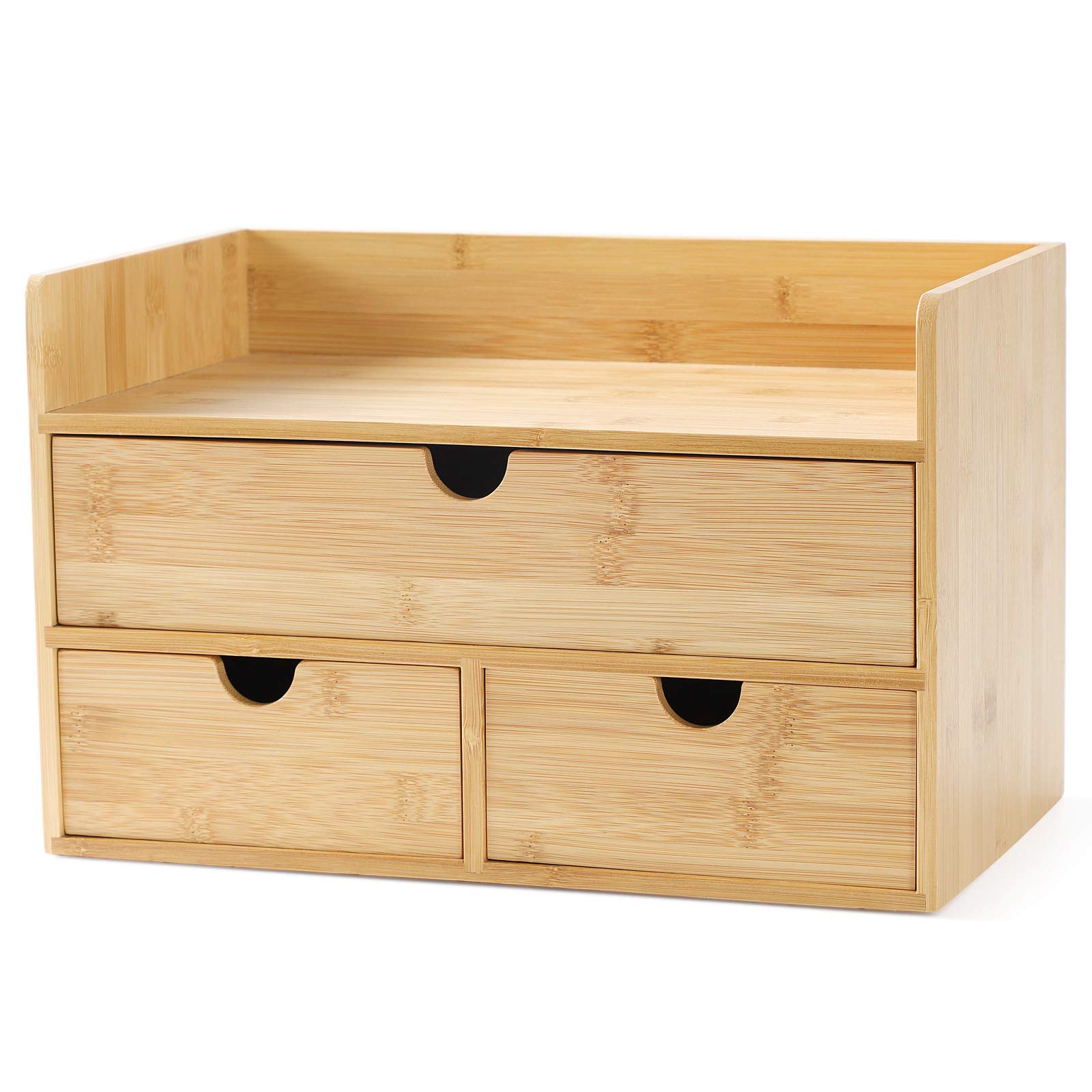 Wisuce Bamboo Desk Organizer - 3 Drawer with Shelf, No Assembly Required | Mini Desktop Storage Box for Office & Home Organization | Perfect for Toiletries, Stationery & Vanity Supplies | Ideal for Workspace, Bathroom & Bedroom Organization