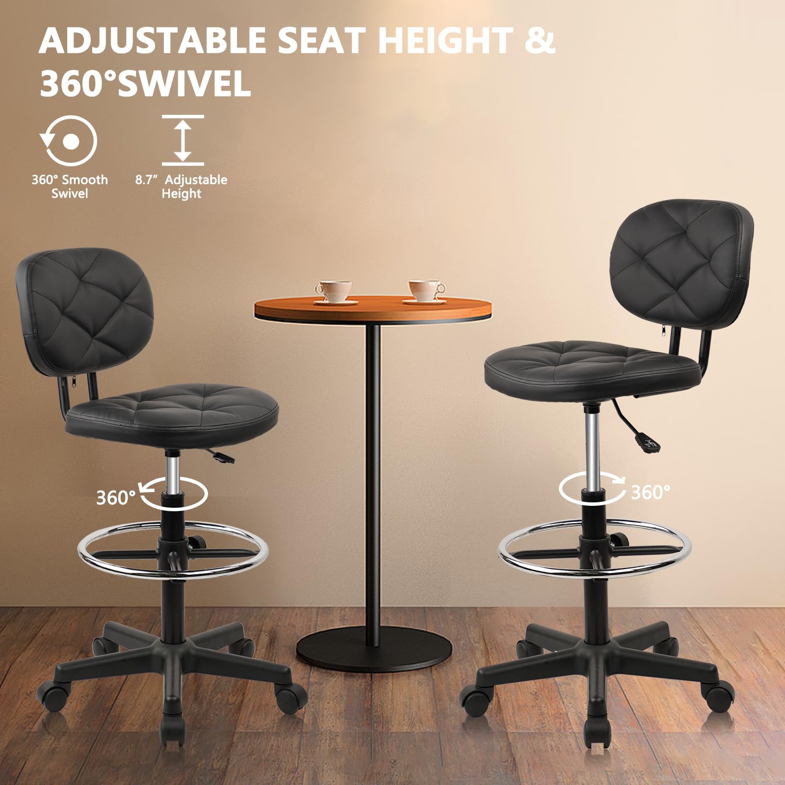 Adjustable Drafting Stool with Low Back Support & Footrest - 2 Pack Ergonomic PU Leather Swivel Rolling Chair for Office, Home & Standing Desks - Perfect for Architects, Artists & Long Work Sessions