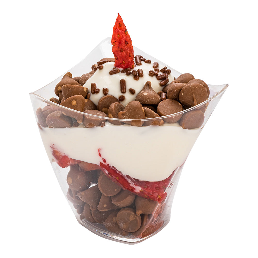 100 Pack 4 oz Clear Plastic Mini Crescendo Cups with 100 Silver Plastic Mini Spoons - Perfect for Parties, Events, and Catering