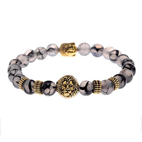 Ochoos Gold Buddha & Lion Head Beaded Bracelet - Lava Onyx Natural Stone Stretch Yoga Bracelet for Men & Women - Spiritual Jewelry for Meditation, Yoga & Daily Wear (Metal Color: AB057)