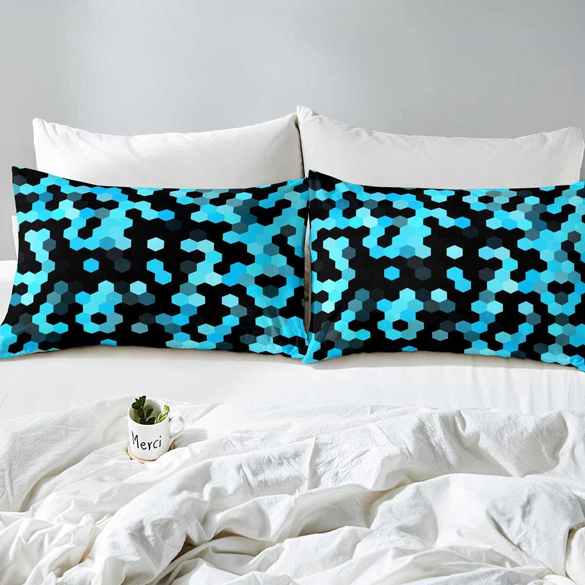 Erosebridal Honeycomb Camouflage Bed Sheet Set - Queen Size, Black & Blue Camo, Hexagon Geometric Design for Kids, Boys & Adults | Military Style Bedding for Home Decor, Camping & Army Themed Rooms