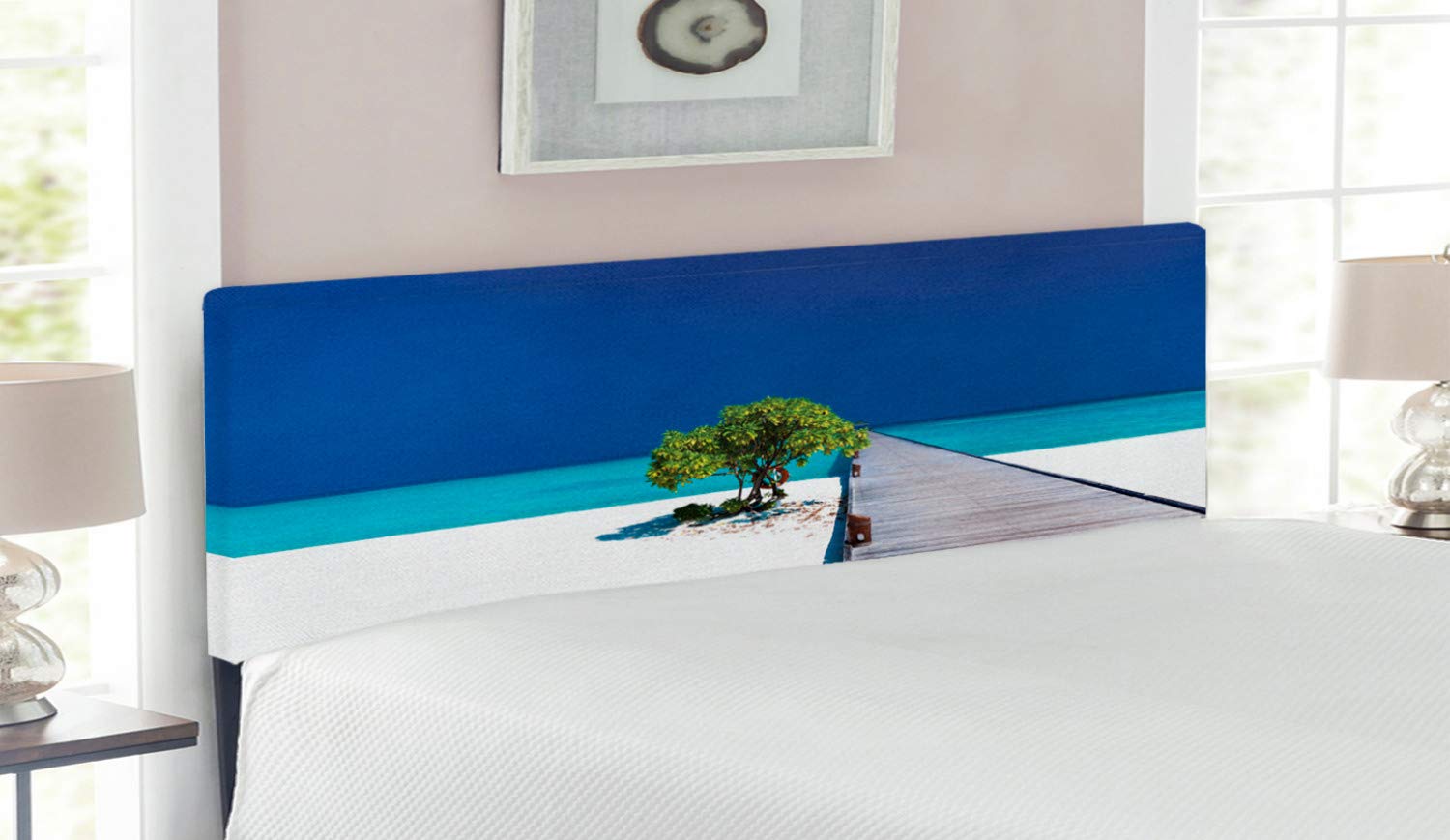 Lunarable Queen Size Upholstered Beach Headboard - Vibrant Ocean Sky with Wooden Platform & Lonely Tree Design, Navy Turquoise Cream Memory Foam Decorative Metal Bed Headboard | Perfect for Coastal Bedroom Decor, Beach House Master Bedroom, and Seaside Themed Guest Rooms