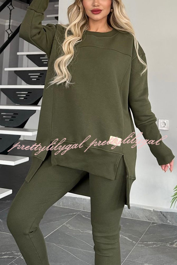 Solid Color Crew Neck Long Sleeve Top & Stretchy Casual Pants Set - Women's Comfortable Lounge Wear for Home, Yoga & Everyday Outfits