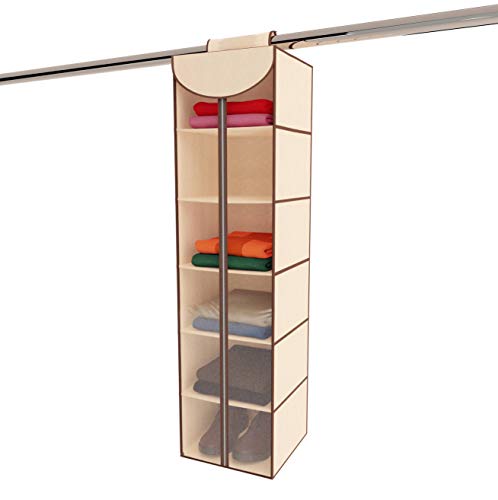 Ziz Home 6-Shelf Hanging Closet Organizer with Zipper | 12”x12”x48” Clothes Storage for Sweaters, Shoes & Accessories | Space-Saving Wardrobe Solution for Bedroom, Closet & Dorm Organization
