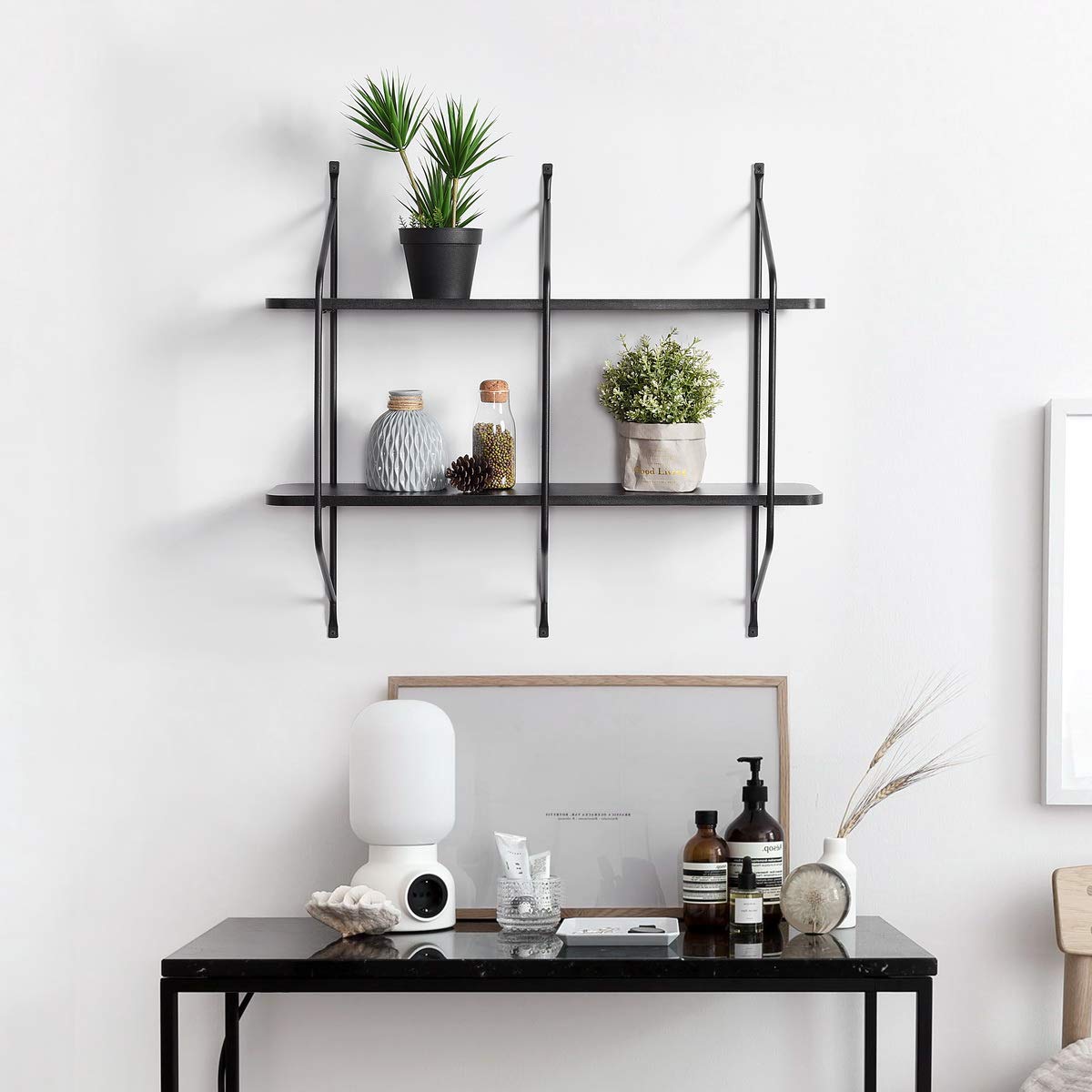 Black Wall Shelf Storage Rack - 31.5x28.3 Inch 2-Tier Display for Home & Office