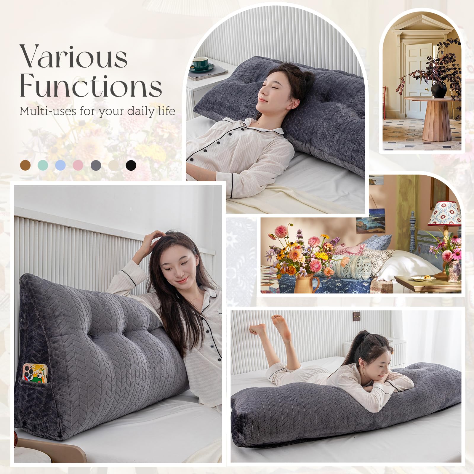 Orthopedic Bed Wedge Pillow for Headboard Support - Large Wedge Bolster Pillow for Sitting, Reading & Sleeping, with Removable Washable Cover - Perfect for Back Pain Relief, Acid Reflux & Post-Surgery Comfort