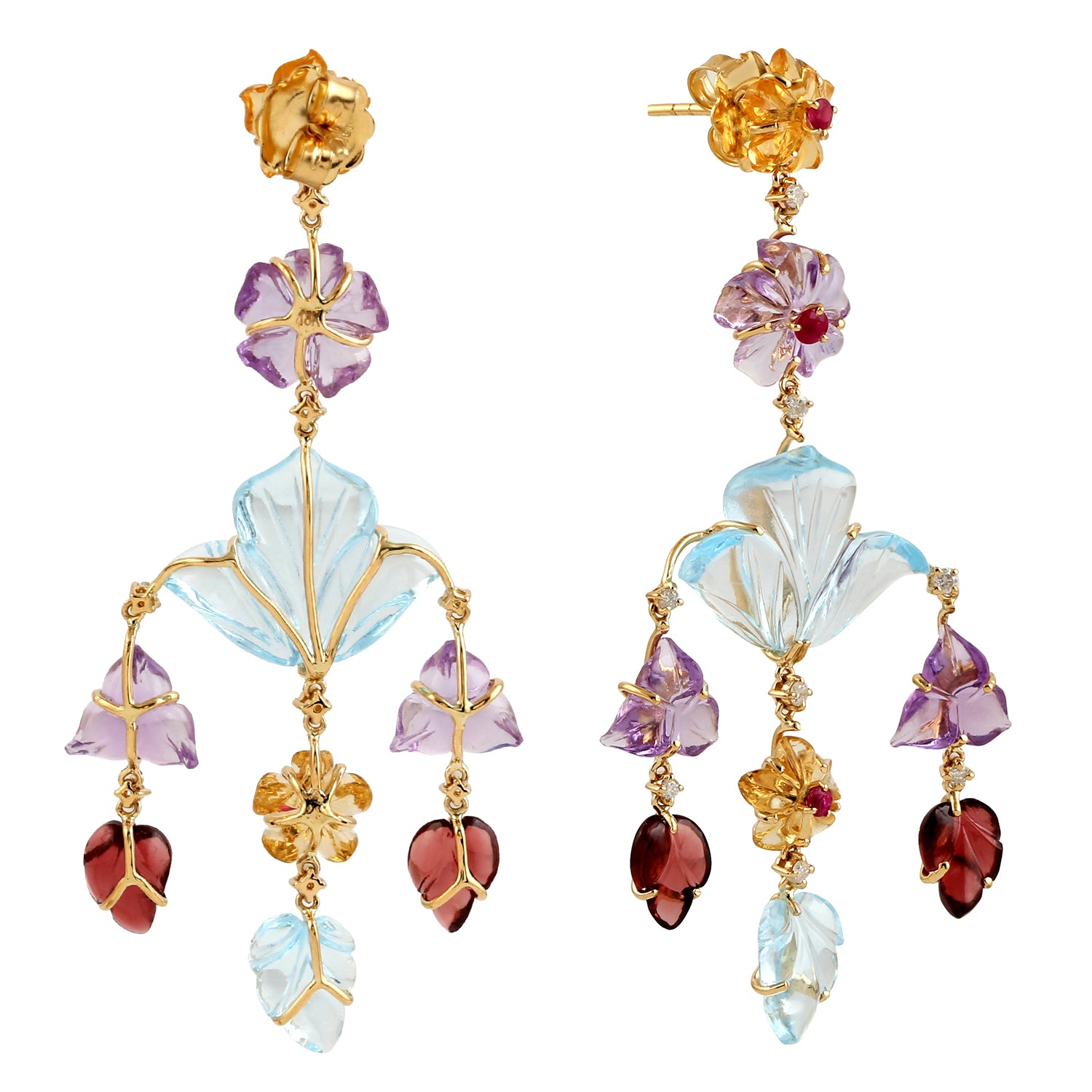 Exquisite 18K Yellow Gold Handcarved Flower Chandelier Earrings with Natural Ruby & Diamond Accents | Luxury Multi-Gemstone Jewelry for Weddings, Parties & Special Occasions