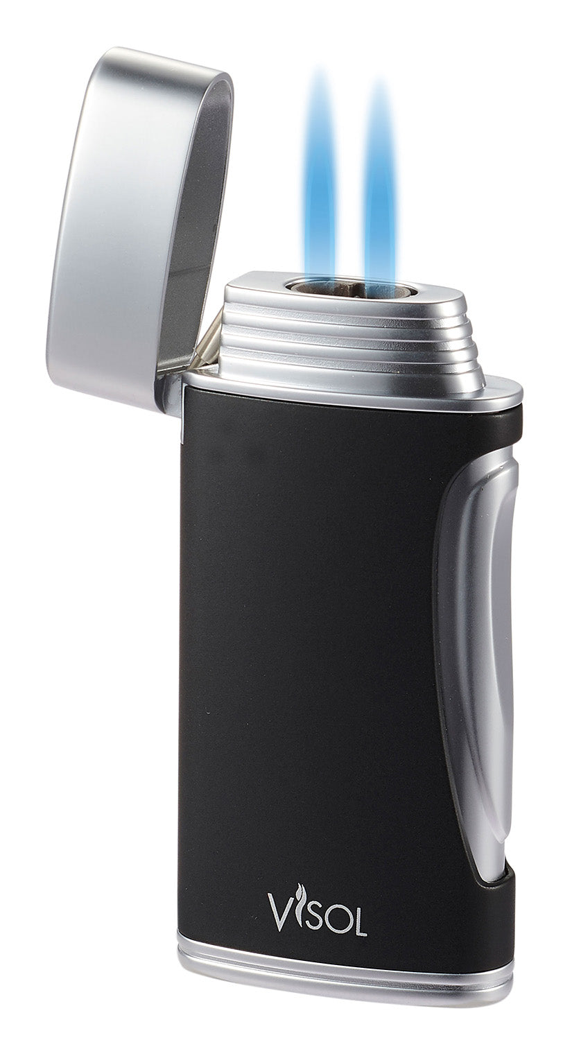 Visol DuoMatt Matte Black Double Flame Cigar Lighter - Windproof Refillable Butane Lighter for Cigars, Cigarettes & Outdoor Use (Camping, BBQ, Hiking)