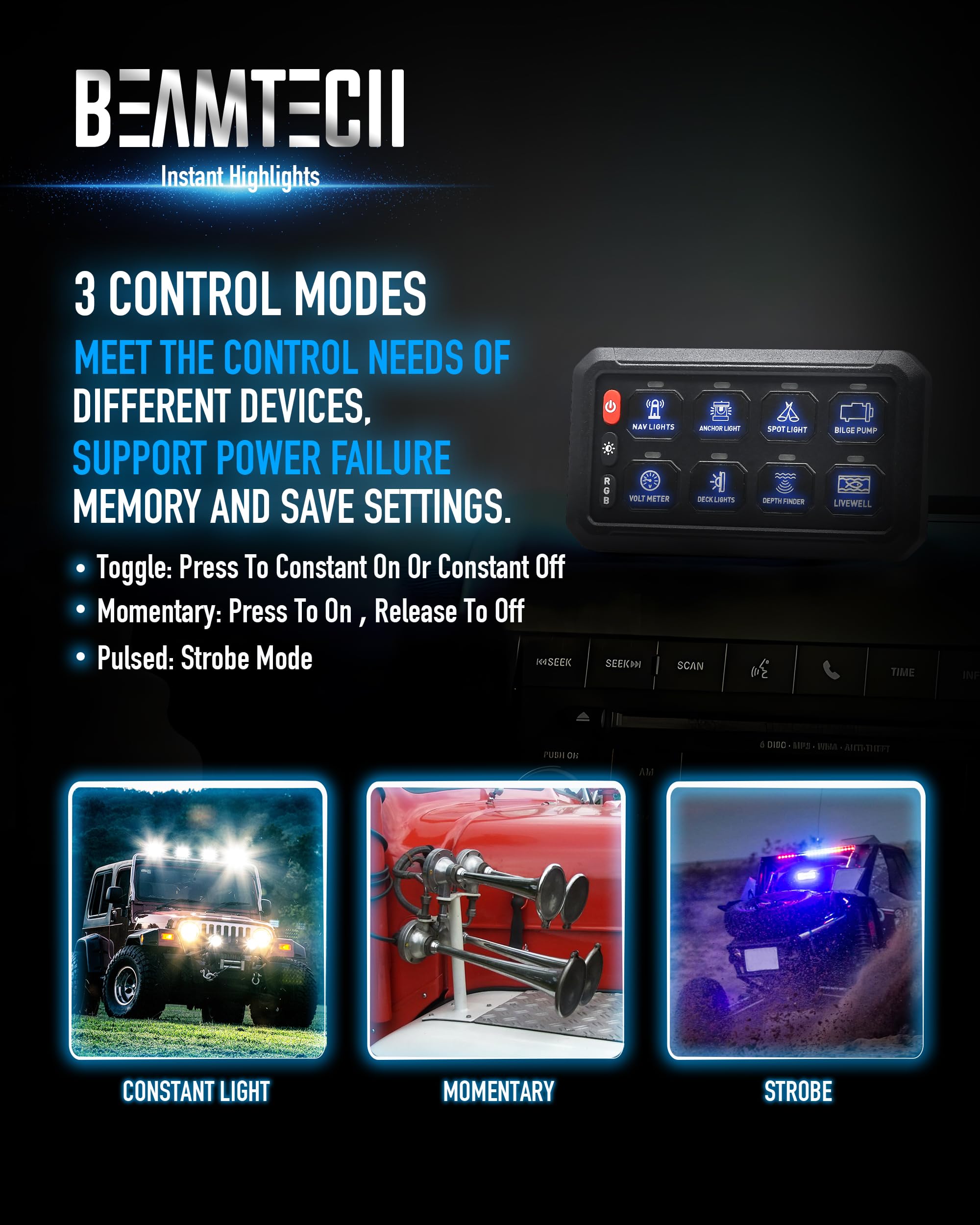BEAMTECH 8 Gang RGB Switch Panel with Momentary/Pulsed Control - LED Light Controller for Off Road ATV UTV Car Truck Van - Perfect for Vehicle Customization & Auxiliary Lighting Systems