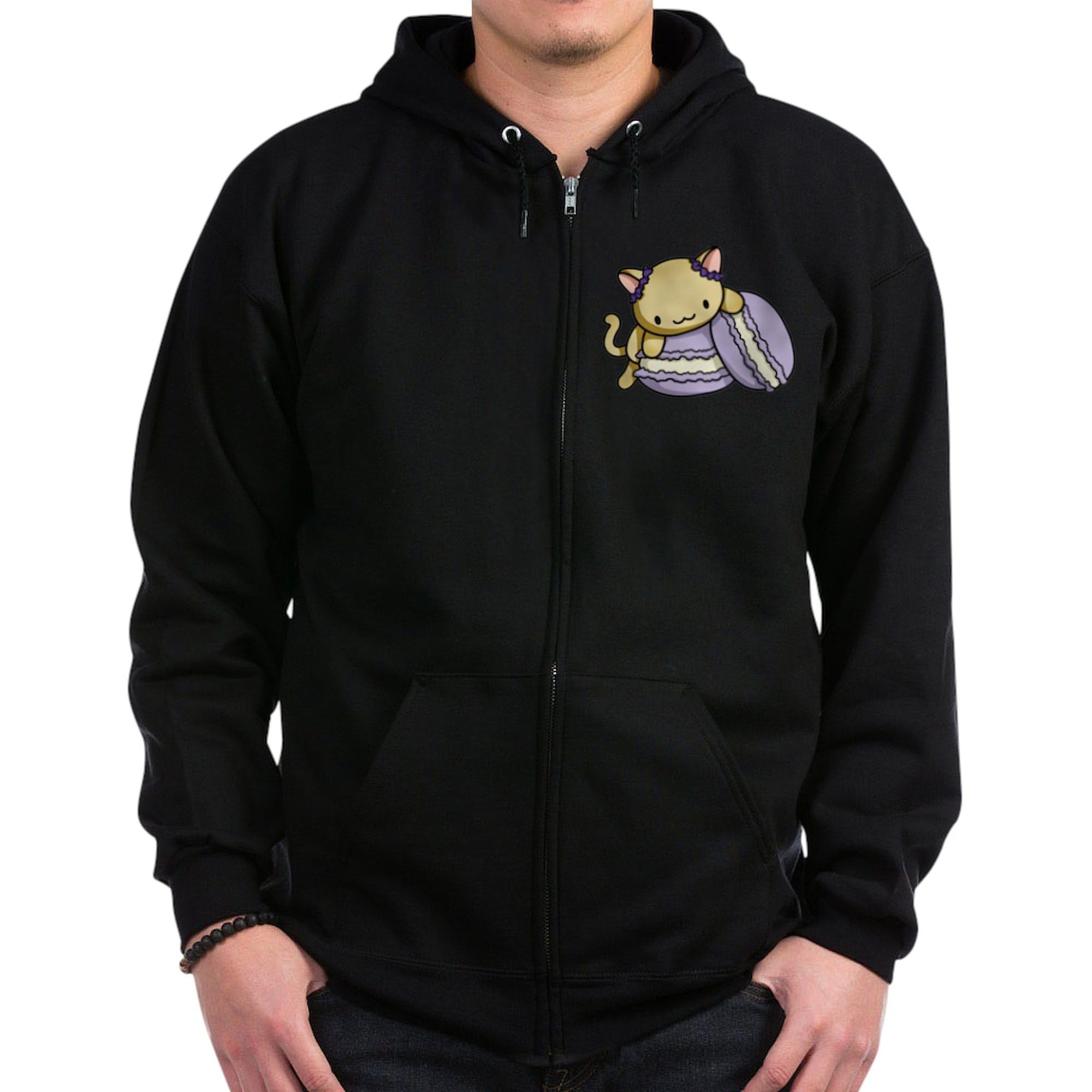 Macaron Kitty Zip Hoodie for Men - Dark Zip-Up Hooded Sweatshirt | Cute Cat Print Pullover | Perfect for Casual Wear, Street Style & Anime Fans