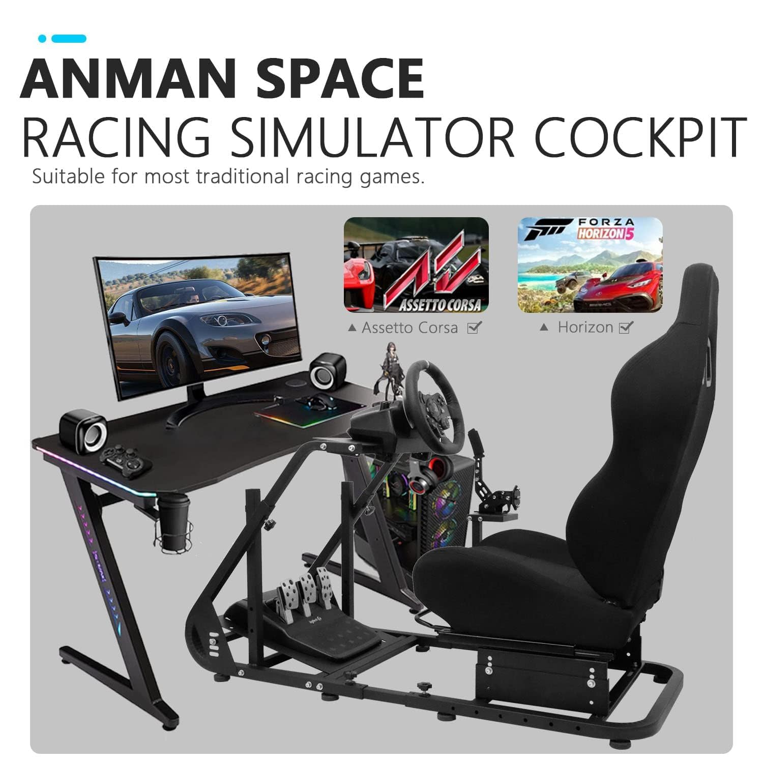 Anman TV/VR Sim Racing Simulator Cockpit - Black Gaming Seat Compatible with Logitech G27/G923/G920 & Thrustmaster T-GT/T248x/T80 | Adjustable Steering Wheel Stand with Installable Monitor Mount | Perfect for Home Racing Setup & Esports Training (Electronics Not Included)