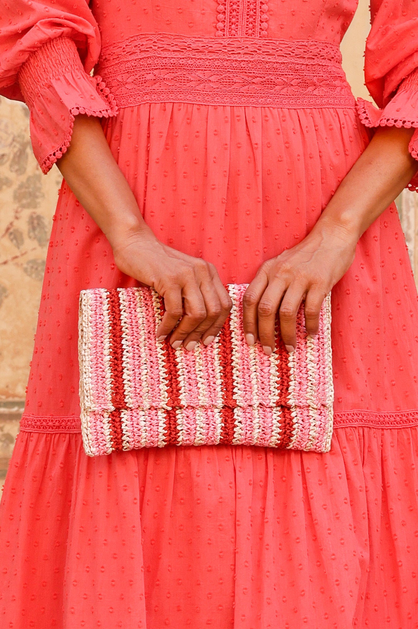 Amalfi Raffia Stripe Clutch Handbag for Women - Red, Pink & Natural Colors | Perfect for Beach Vacations, Summer Parties & Casual Outings
