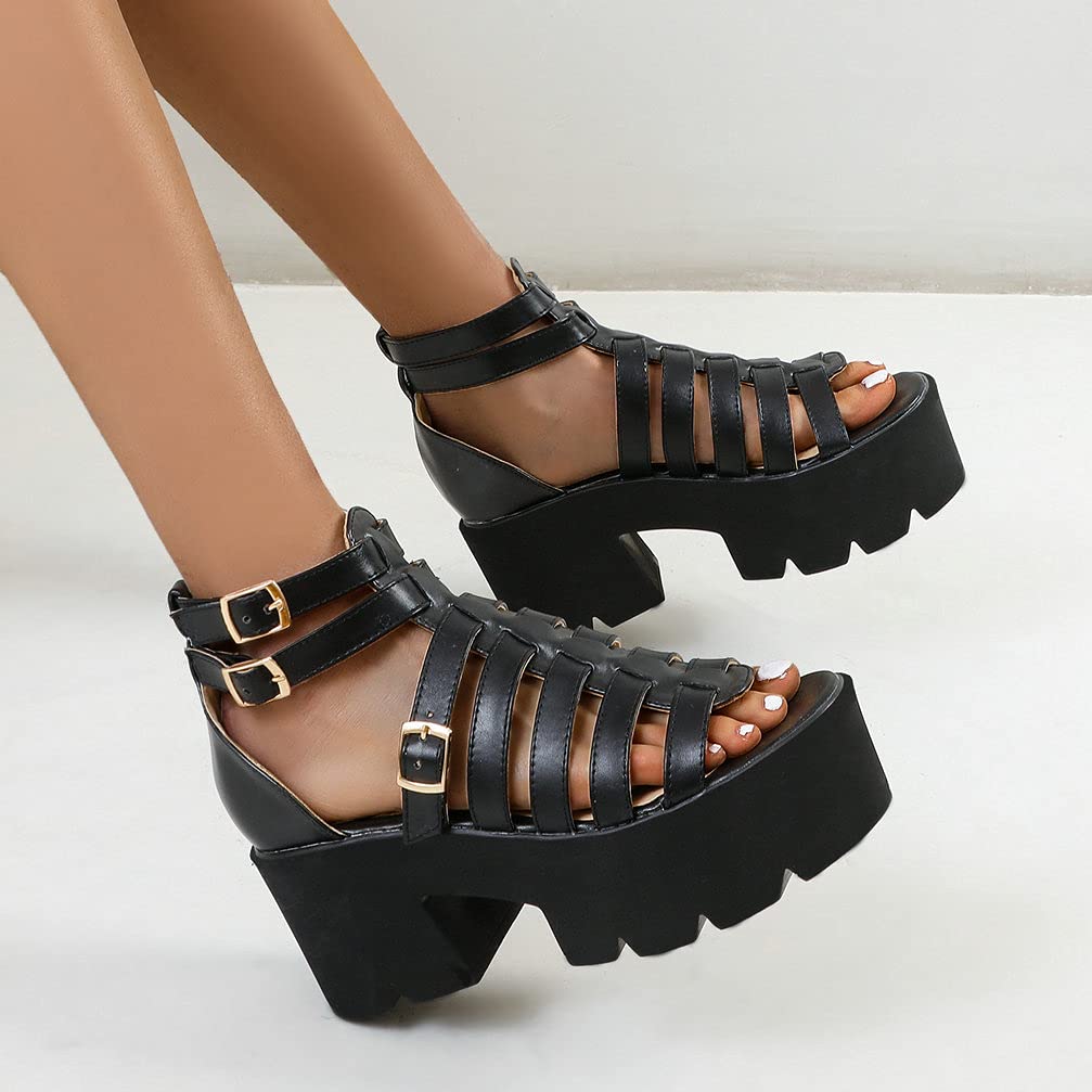 KOKOMOMO Women's Denim Gladiator Platform Sandals with Cage Heel - Gothic Style for Summer Outfits, Music Festivals & Edgy Street Fashion