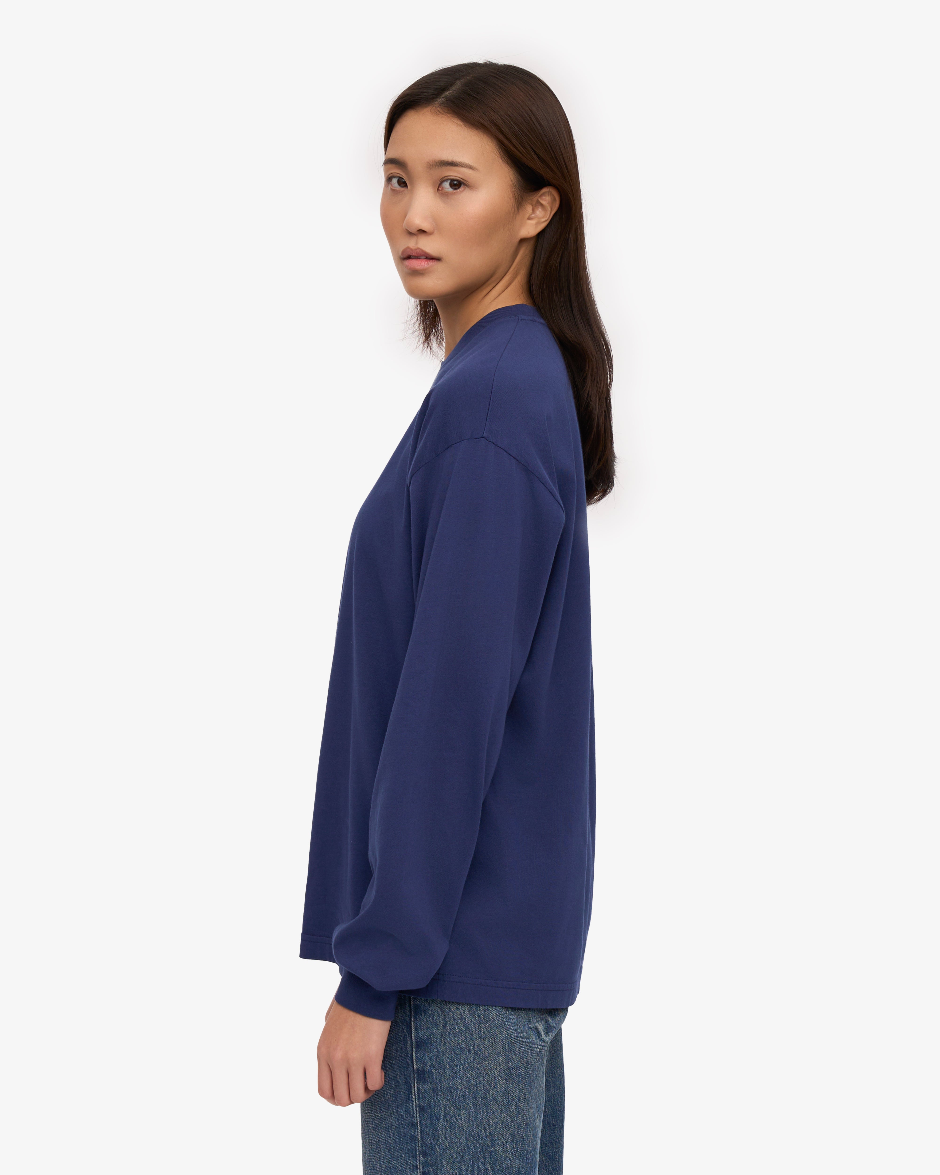 Organic Oversized Long Sleeve T-Shirt for Women - Soft Cotton Crewneck Top in Marine Blue - Casual Loungewear & Layering Essential