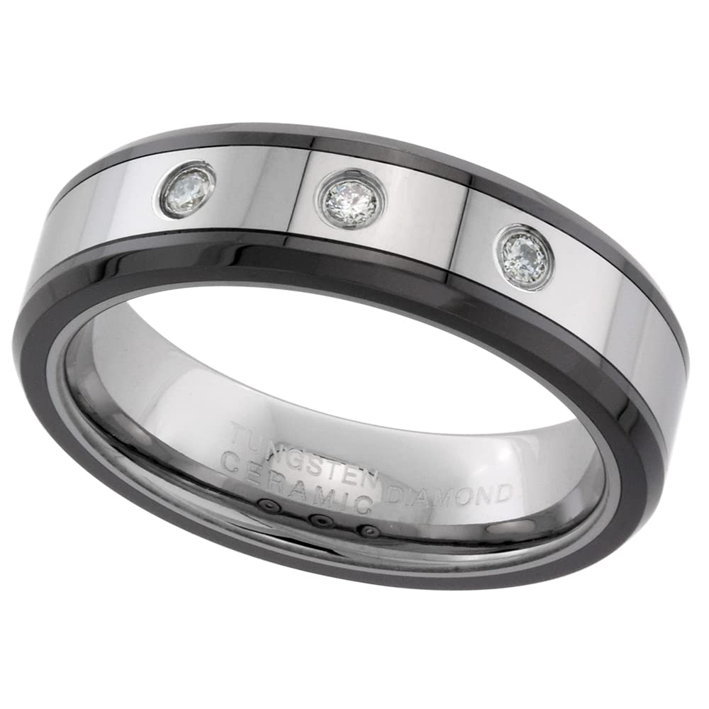 Sabrina Silver 2-Ring Set 6mm & 8mm Tungsten 3 Stone Diamond Wedding Band - Beveled Black Ceramic Edges, Comfort Fit Sizes 5-13 - Perfect for Anniversary Gifts & Bridal Jewelry