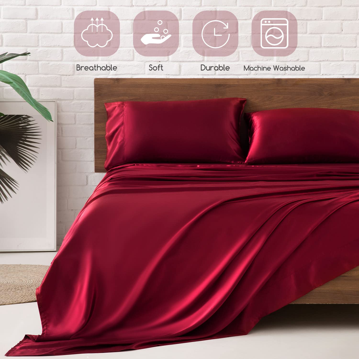 Luxury Satin King Size Bed Sheets Set - 4 Piece Silky Soft Bedding with 15
