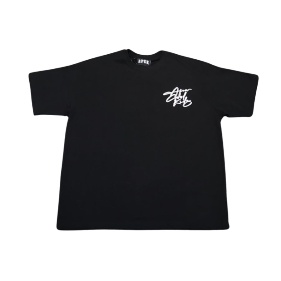 Kids Cursive Lettering Logo Black & White T-Shirt | Stylish Graphic Tee for Boys & Girls | Perfect for School, Playdates & Family Outings