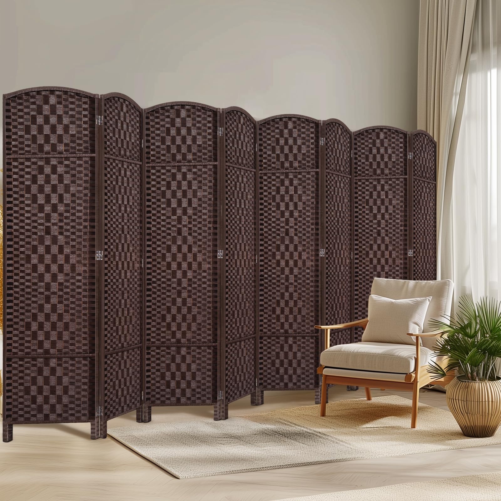 6FT Room Divider Folding Privacy Screen - 8 Panel Brown Space Separator for Home Office, Bedroom Partition & Room Separation - Portable Wall Divider for Indoor Privacy & Space Organization